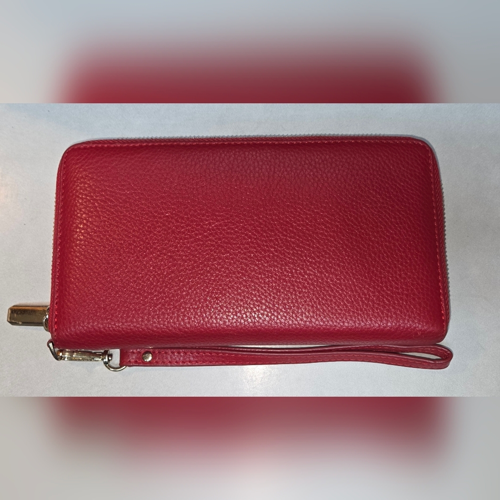 Chelmon Women's Red Vegan Leather Clutch Wallet w Zip, Hand Strap Lg